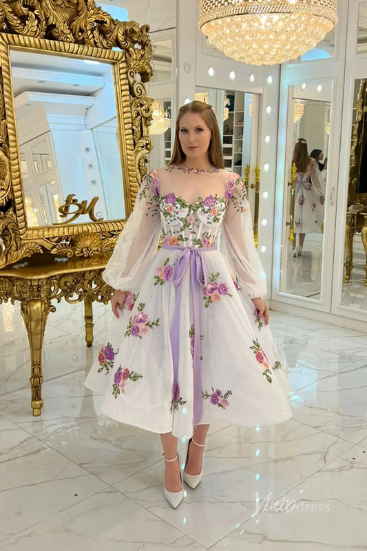 Romantic White Floral Embroidered Midi Wedding Dress with Illusion Neckline & Sheer Bishop Sleeves – FW244-wedding dresses 2025 -Viniodress-White-Custom Size-