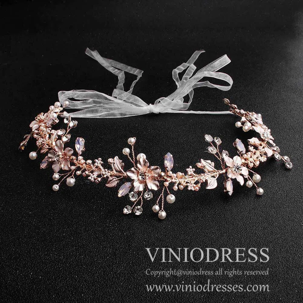 Rose Gold Blossom Bridal Headband with Pearls and Crystals AC1081-Headpieces-Viniodress-Rose Gold-Viniodress