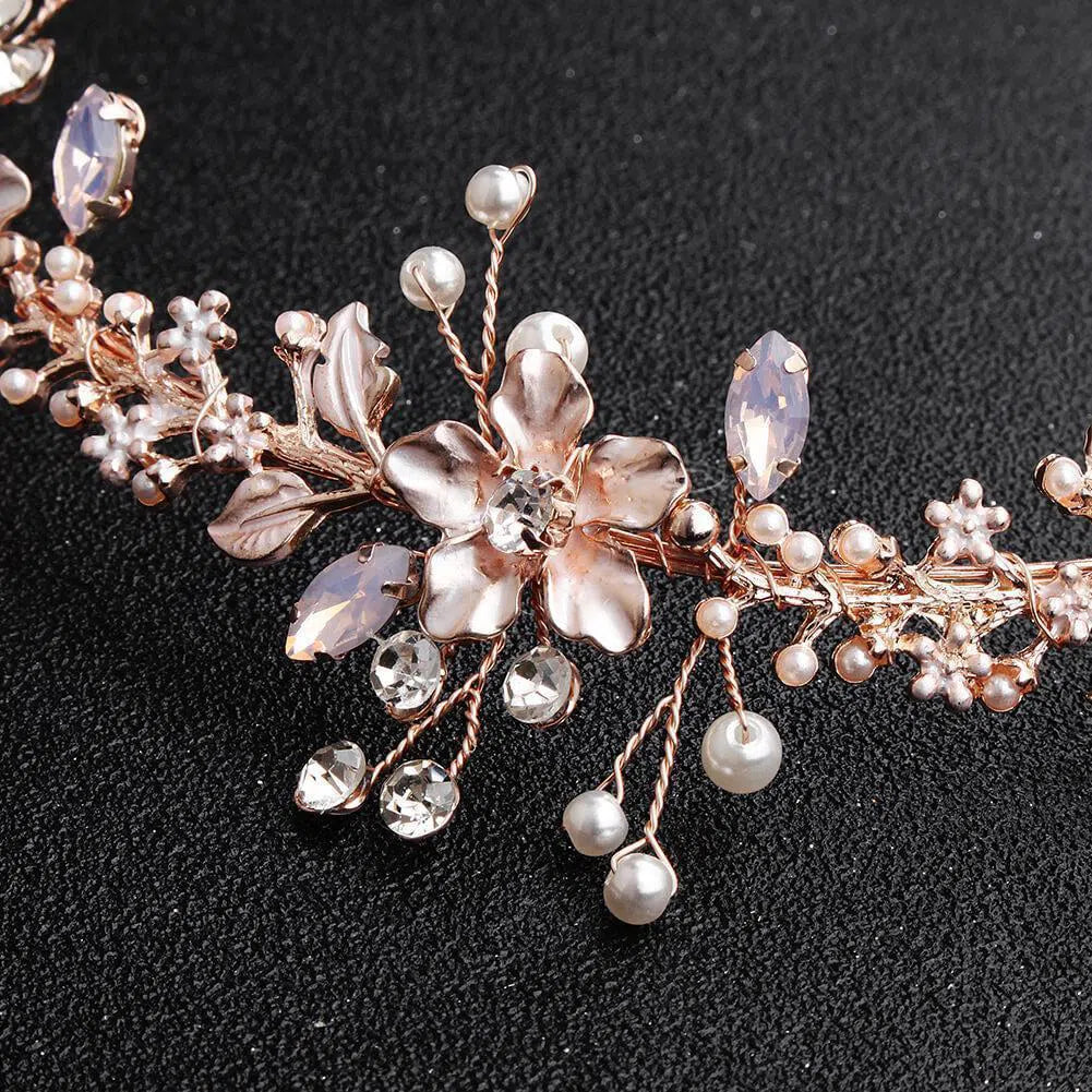 Rose Gold Blossom Bridal Headband with Pearls and Crystals AC1081-Headpieces-Viniodress-Rose Gold-Viniodress