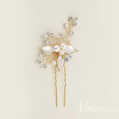 Rose Gold Bridal Haripin with Crystal Sprig and Leaves AC1157-Headpieces 2025 -Viniodress-Gold-