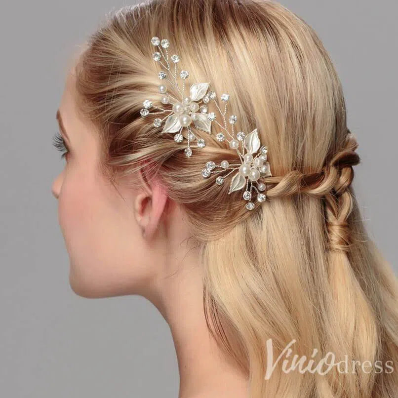 Rose Gold Bridal Haripin with Crystal Sprig and Leaves AC1157-Headpieces 2025 -Viniodress-Rose Gold-