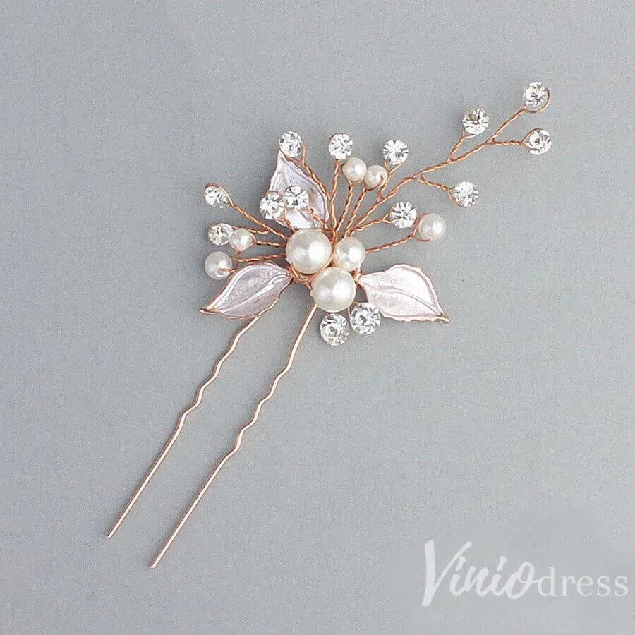 Rose Gold Bridal Haripin with Crystal Sprig and Leaves AC1157-Headpieces 2025 -Viniodress-Rose Gold-