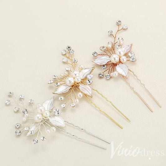 Rose Gold Bridal Haripin with Crystal Sprig and Leaves AC1157-Headpieces 2025 -Viniodress-Rose Gold-