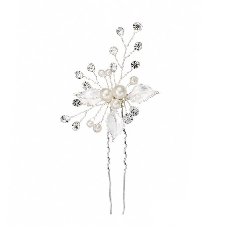 Rose Gold Bridal Haripin with Crystal Sprig and Leaves AC1157-Headpieces 2025 -Viniodress-Silver-