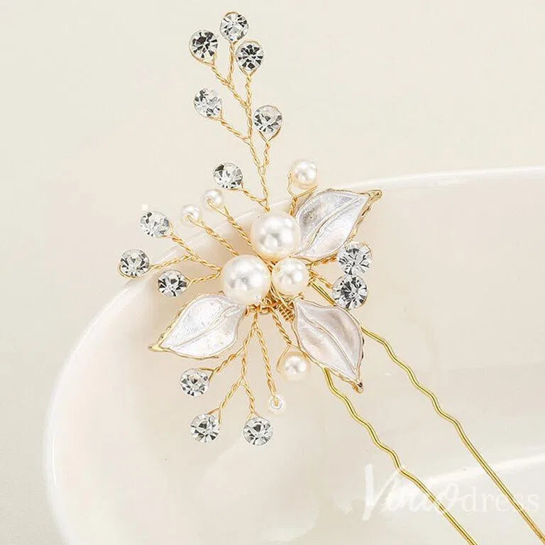 Rose Gold Bridal Haripin with Crystal Sprig and Leaves AC1157-Headpieces-Viniodress-Viniodress