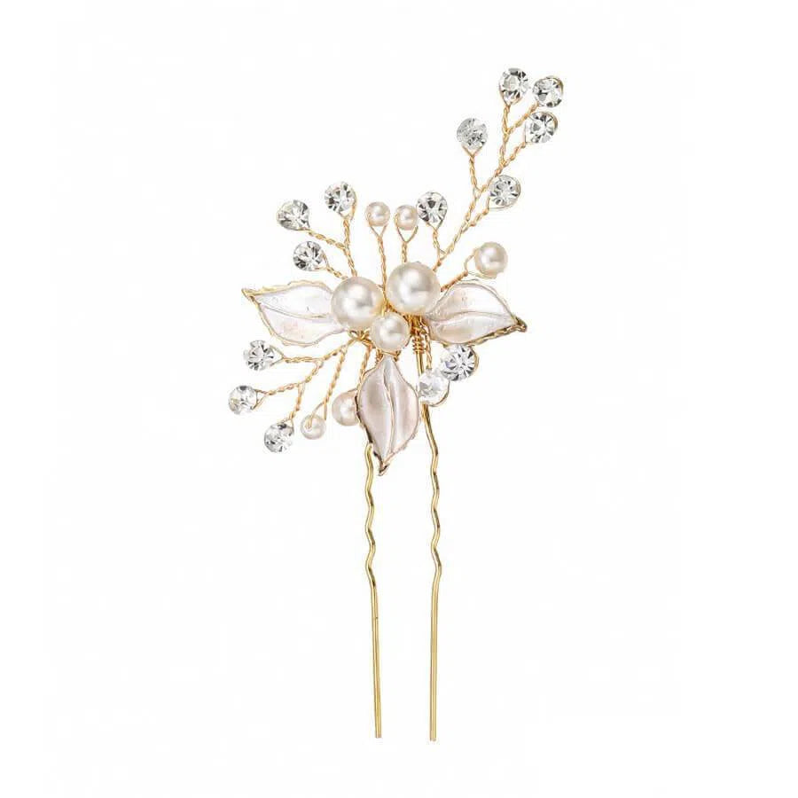 Rose Gold Bridal Haripin with Crystal Sprig and Leaves AC1157-Headpieces-Viniodress-Viniodress