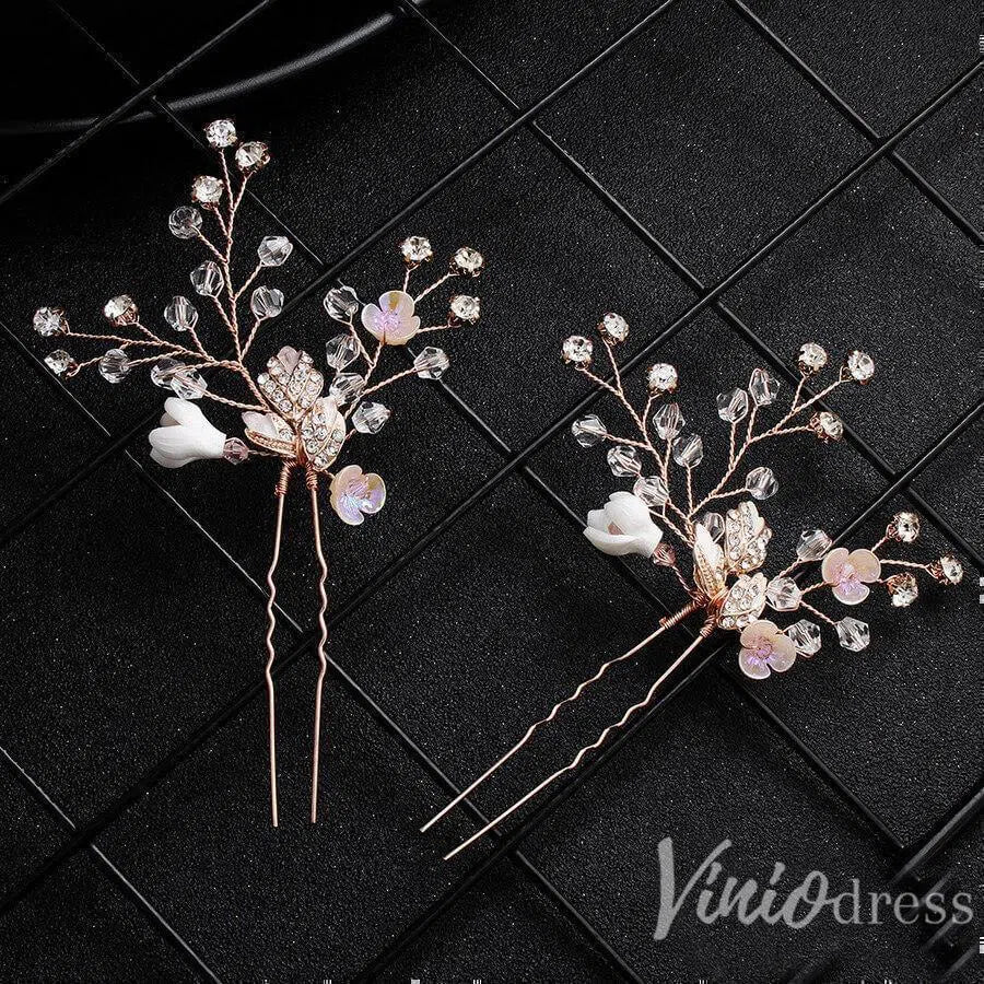 Rose Gold Crystal Sprig Bridal Comb & Hairpins Viniodress ACC1154-Headpieces-Viniodress-Viniodress