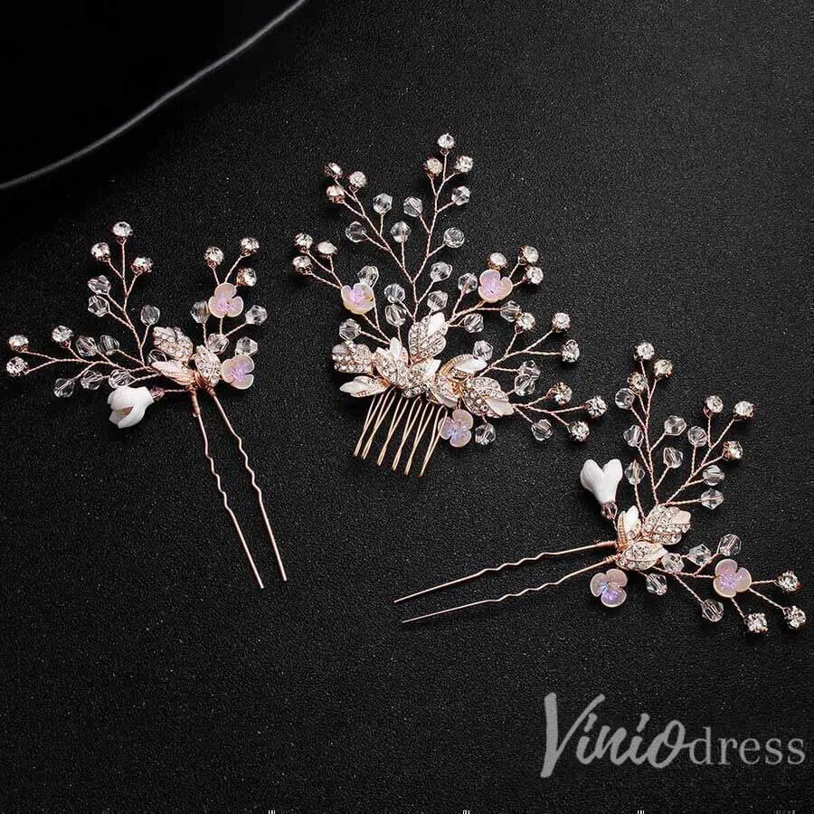 Rose Gold Crystal Sprig Bridal Comb & Hairpins Viniodress ACC1154-Headpieces-Viniodress-Viniodress