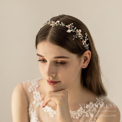 Rose Gold Floral Bridal Headband with Pearls AC1218-Headpieces 2025 -Viniodress-As Picture-