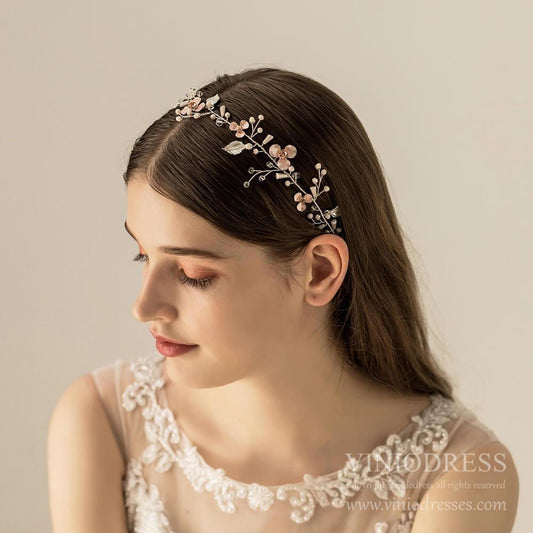 Rose Gold Floral Bridal Headband with Pearls AC1218-Headpieces-Viniodress-As Picture-Viniodress