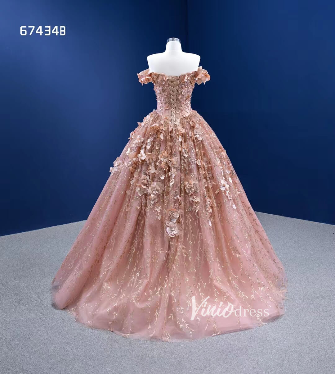 Rose Gold Floral Quince Gown Sweet 16 Dress with Cape 67434B-Quinceanera Dresses 2025 -Viniodress-Rose Gold-Custom Size-No Cape