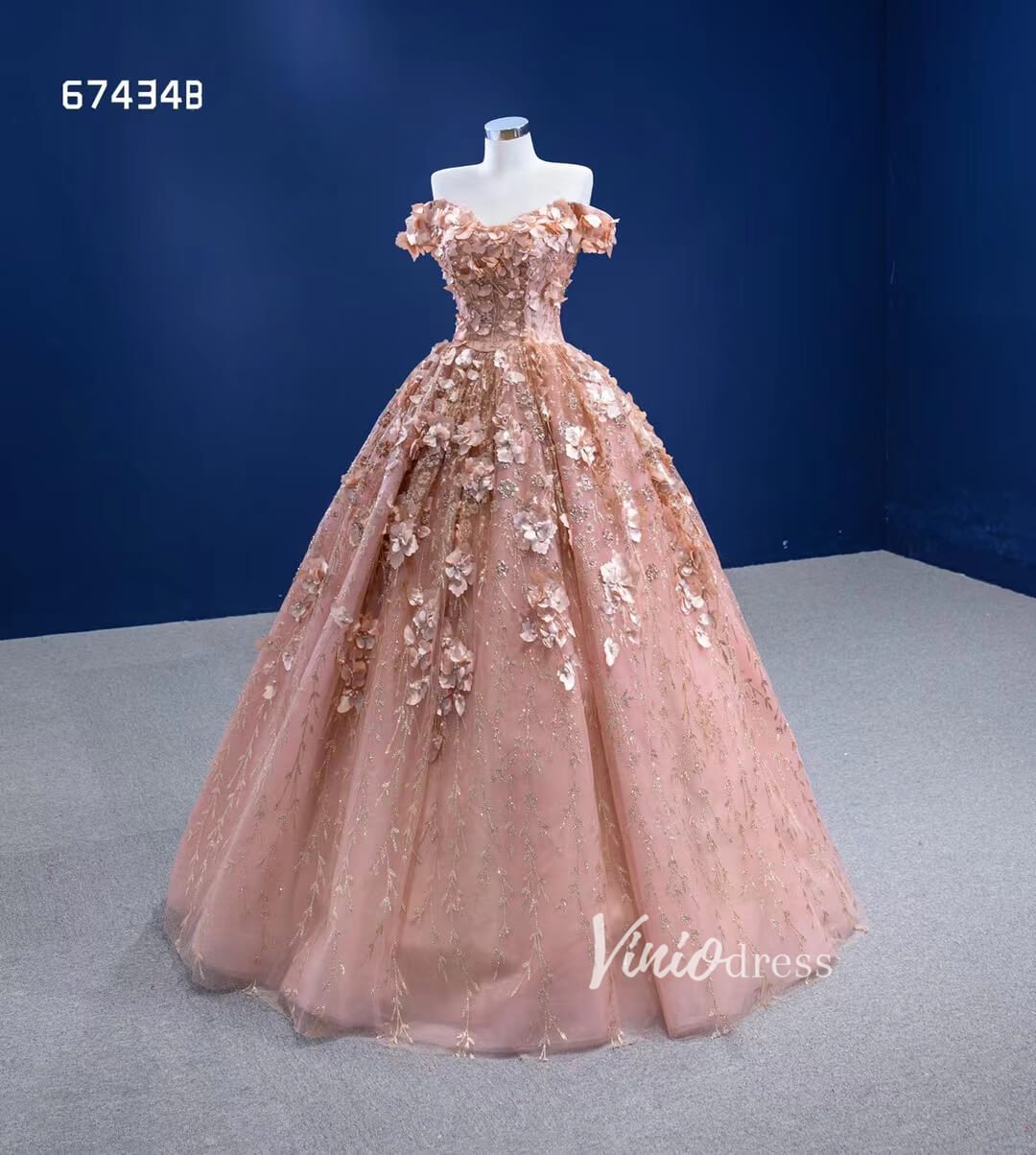 Rose Gold Floral Quince Gown Sweet 16 Dress with Cape 67434B-Quinceanera Dresses 2025 -Viniodress-Rose Gold-Custom Size-No Cape