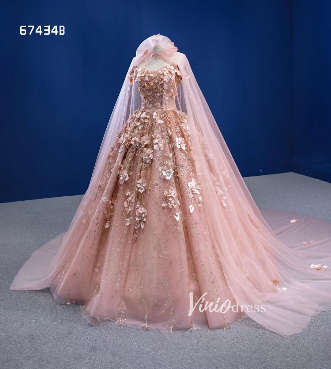 Rose Gold Floral Quince Gown Sweet 16 Dress with Cape 67434B-Quinceanera Dresses 2025 -Viniodress-Rose Gold-Custom Size-No Cape