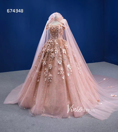 Rose Gold Floral Quince Gown Sweet 16 Dress with Cape 67434B-Quinceanera Dresses 2025 -Viniodress-Rose Gold-Custom Size-No Cape