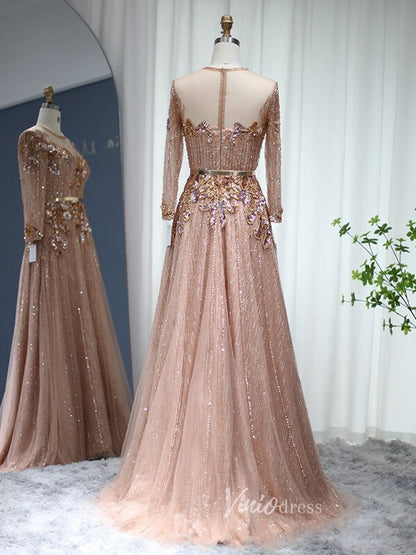 Rose Gold Lace Prom Dresses Long Sleeve Beaded Evening Dress 20085-Evening Dresses 2025 -Viniodress-Rose Gold-US 2-