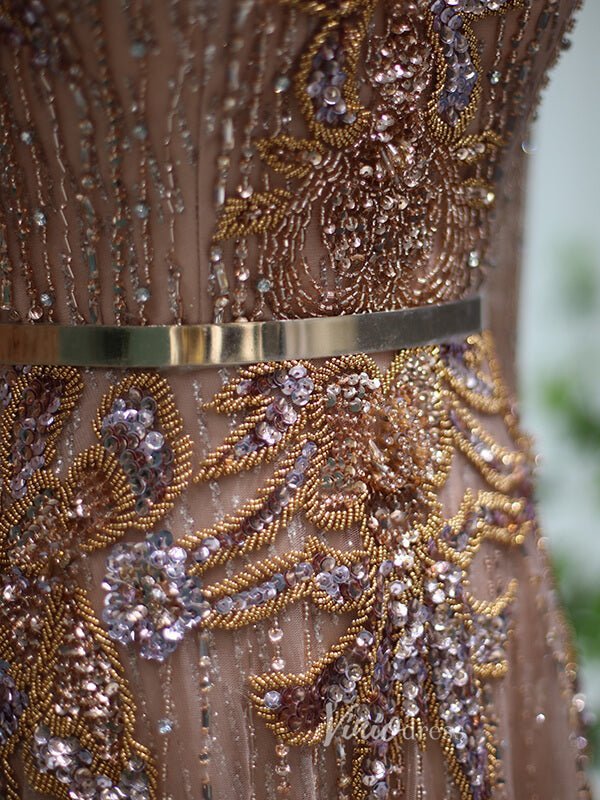 Rose Gold Lace Prom Dresses Long Sleeve Beaded Evening Dress 20085-Evening Dresses 2025 -Viniodress-Rose Gold-US 2-