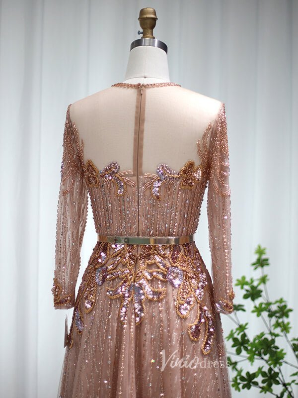 Rose Gold Lace Prom Dresses Long Sleeve Beaded Evening Dress 20085-Evening Dresses 2025 -Viniodress-Rose Gold-US 2-