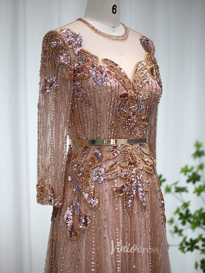 Rose Gold Lace Prom Dresses Long Sleeve Beaded Evening Dress 20085-Evening Dresses 2025 -Viniodress-Rose Gold-US 2-