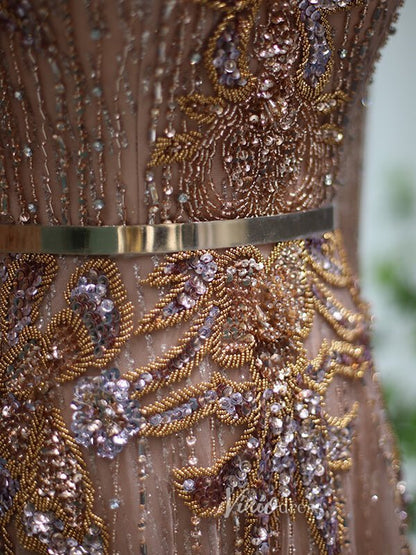 Rose Gold Lace Prom Dresses Long Sleeve Beaded Evening Dress 20085-Evening Dresses 2025 -Viniodress-Rose Gold-US 2-