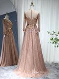 Prom Dress 2025 Rose Gold Lace Prom Dresses Long Sleeve Beaded Evening Dress 20085-unique prom dresses-Rose Gold-US 2-Viniodress