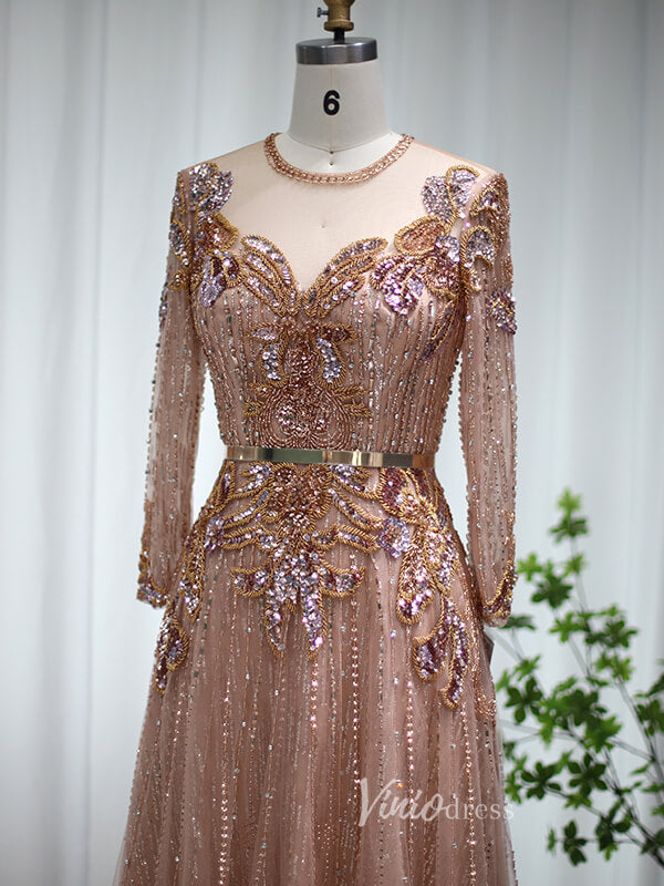 Prom Dress 2025 Rose Gold Lace Prom Dresses Long Sleeve Beaded Evening Dress 20085-unique prom dresses-Rose Gold-US 2-Viniodress