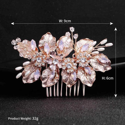 Rose Gold Metal Leaf Hair Comb with Pearls and Crystals AC1052-Headpieces 2025 -Viniodress-Rose Gold-