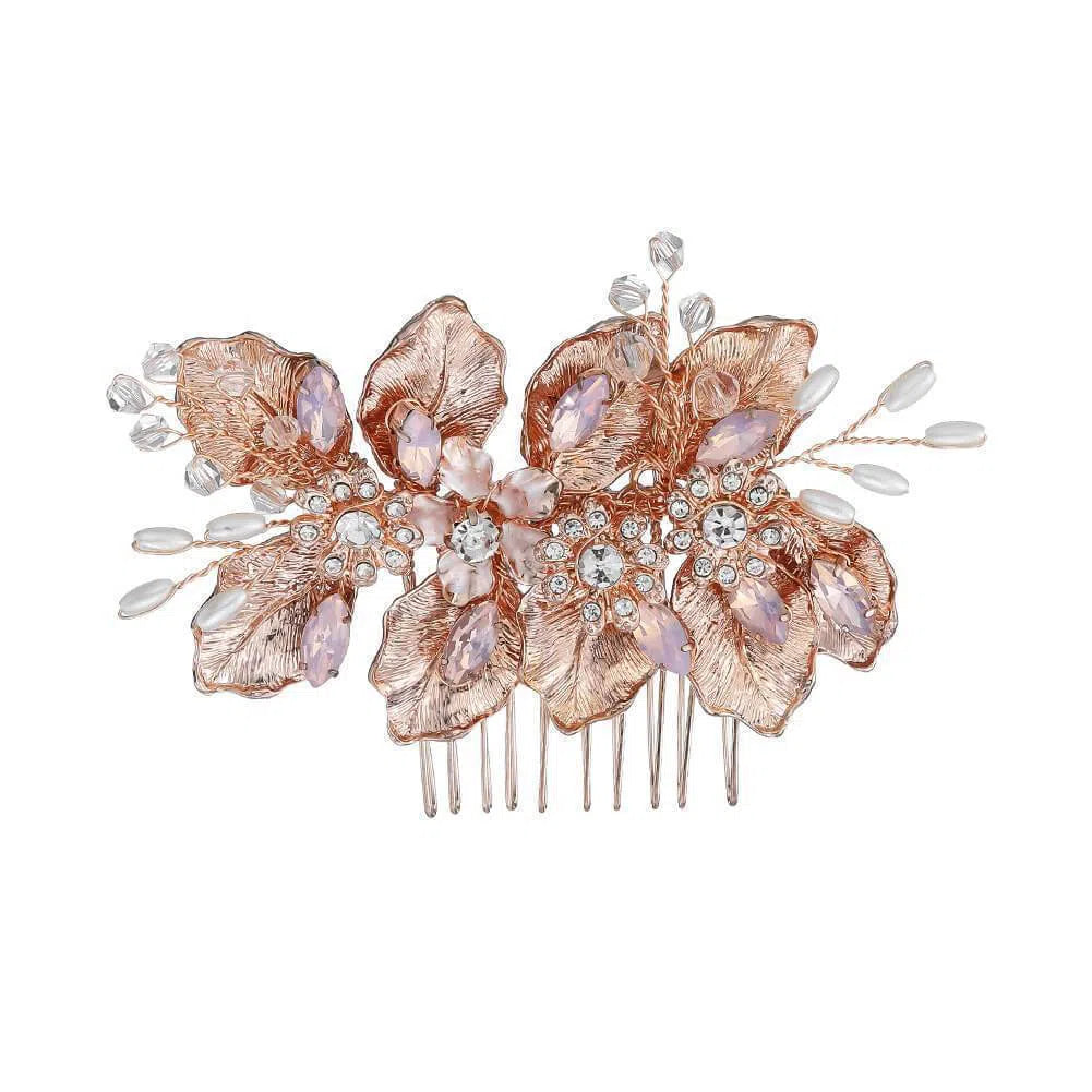 Rose Gold Metal Leaf Hair Comb with Pearls and Crystals AC1052-Headpieces 2025 -Viniodress-Rose Gold-