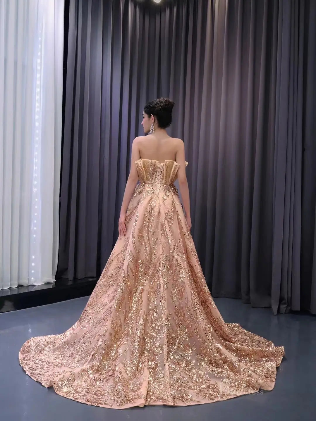 Rose Gold Overskirt Prom Dresses Strapless Sequin Lace Pageant Gowns 222217