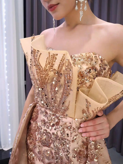 Rose Gold Overskirt Prom Dresses Strapless Sequin Lace Pageant Gowns 222217-Prom Dresses 2025 -Viniodress-Rose Gold-Custom Size-