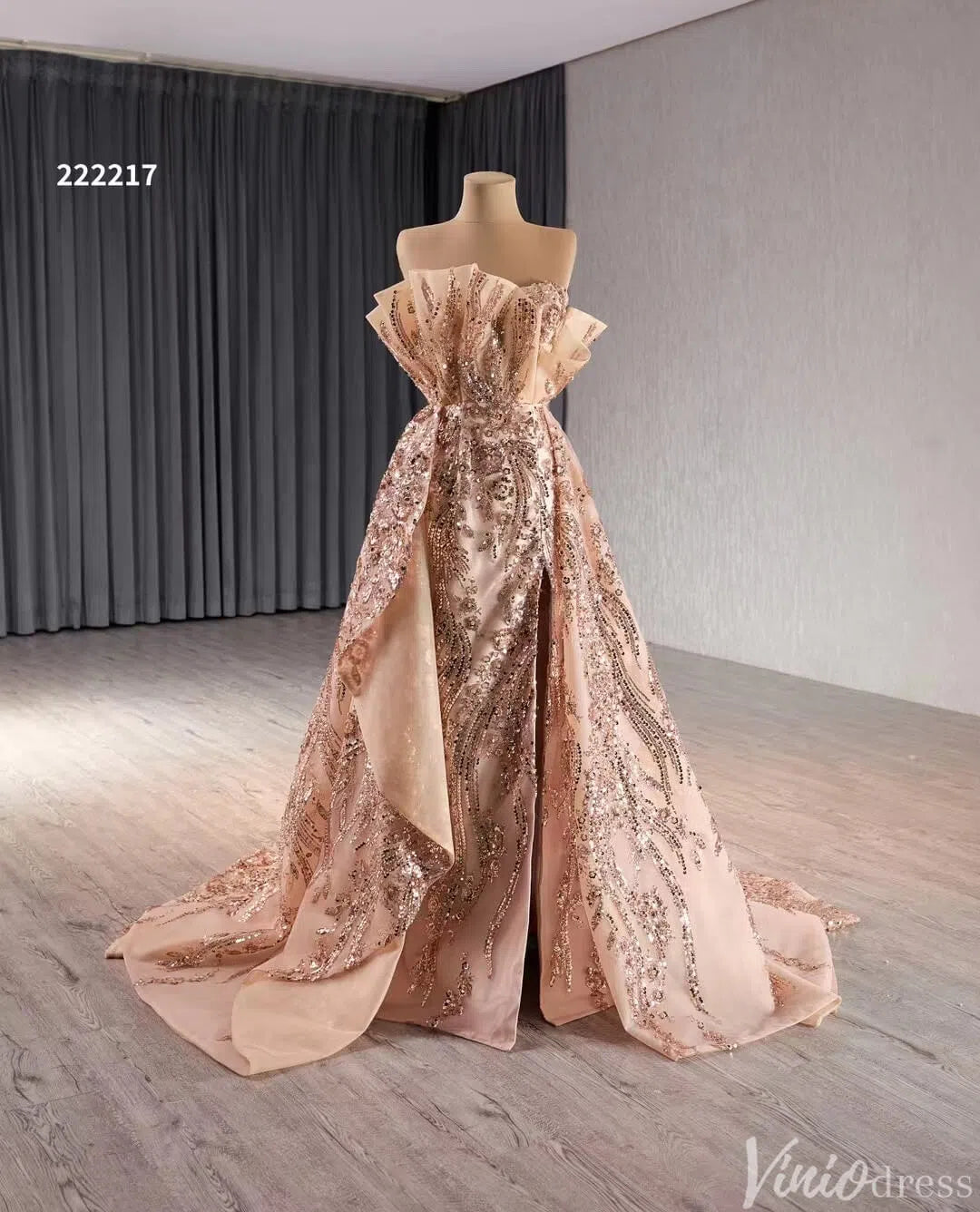 green emerald velvet dress Rose Gold Overskirt Prom Dresses Strapless Sequin Lace Pageant Gowns 2 –  Viniodress