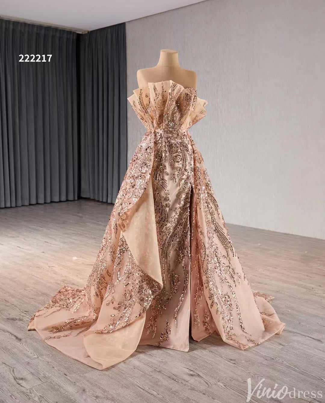 Prom Dress 2025 Rose Gold Overskirt Prom Dresses Strapless Sequin Lace Pageant Gowns 222217-unique Prom Dresses-Rose Gold-Custom Size-Viniodress