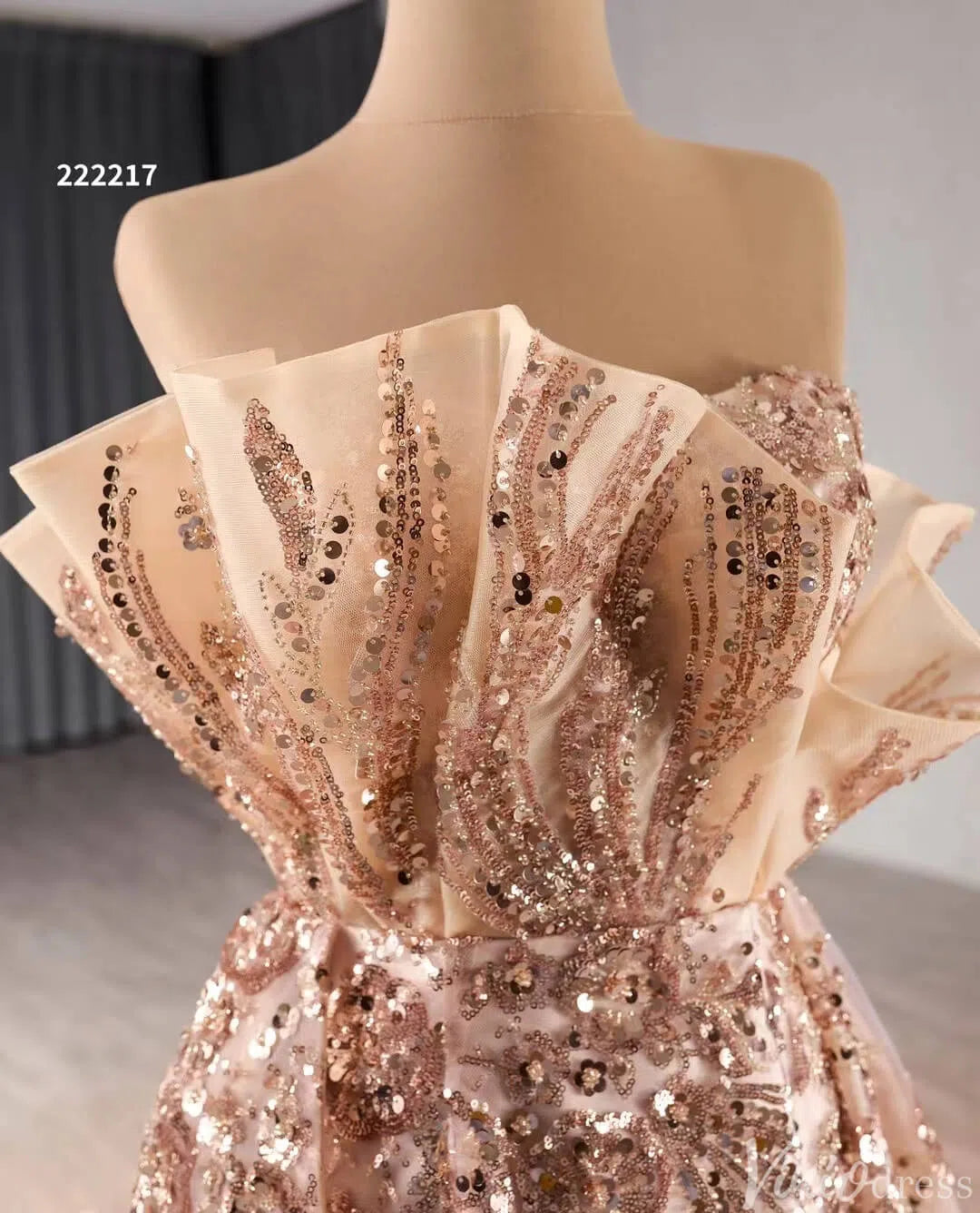 Rose Gold Overskirt Prom Dresses Strapless Sequin Lace Pageant Gowns 222217-Prom Dresses-Viniodress-Viniodress