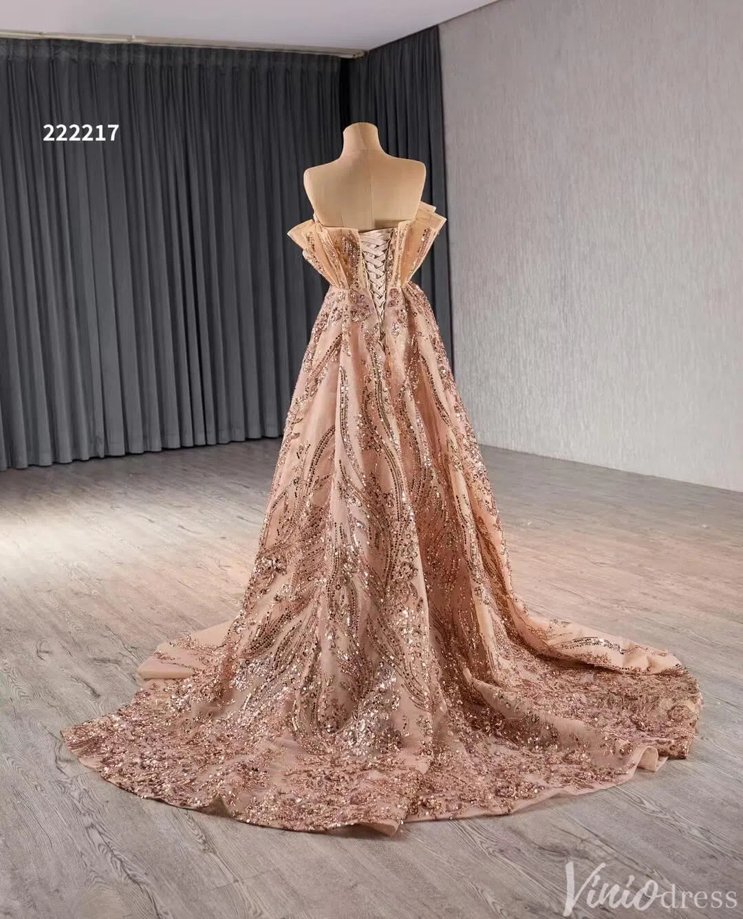 Prom Dress 2025 Rose Gold Overskirt Prom Dresses Strapless Sequin Lace Pageant Gowns 222217-unique Prom Dresses-Rose Gold-Custom Size-Viniodress