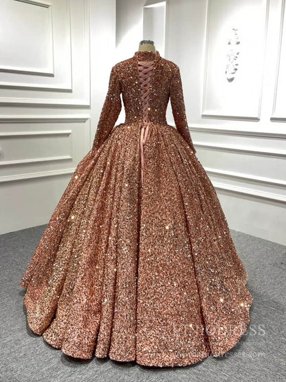 Rose Gold Prom Ball Gown with Long Sleeve High Neck 67098-Quinceanera Dresses 2025 -Viniodress-Rose Gold-Custom Size-