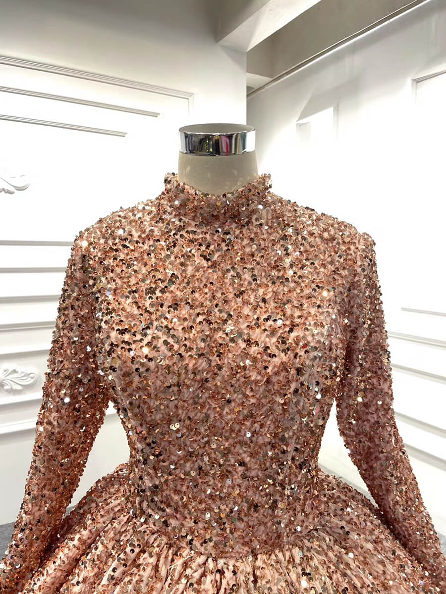 Rose Gold Prom Ball Gown with Long Sleeve High Neck 67098-Quinceanera Dresses 2025 -Viniodress-Rose Gold-Custom Size-