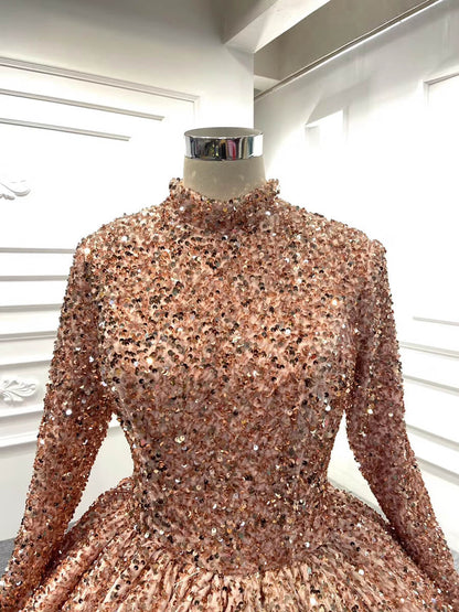 Rose Gold Prom Ball Gown with Long Sleeve High Neck 67098-Quinceanera Dresses 2025 -Viniodress-Rose Gold-Custom Size-