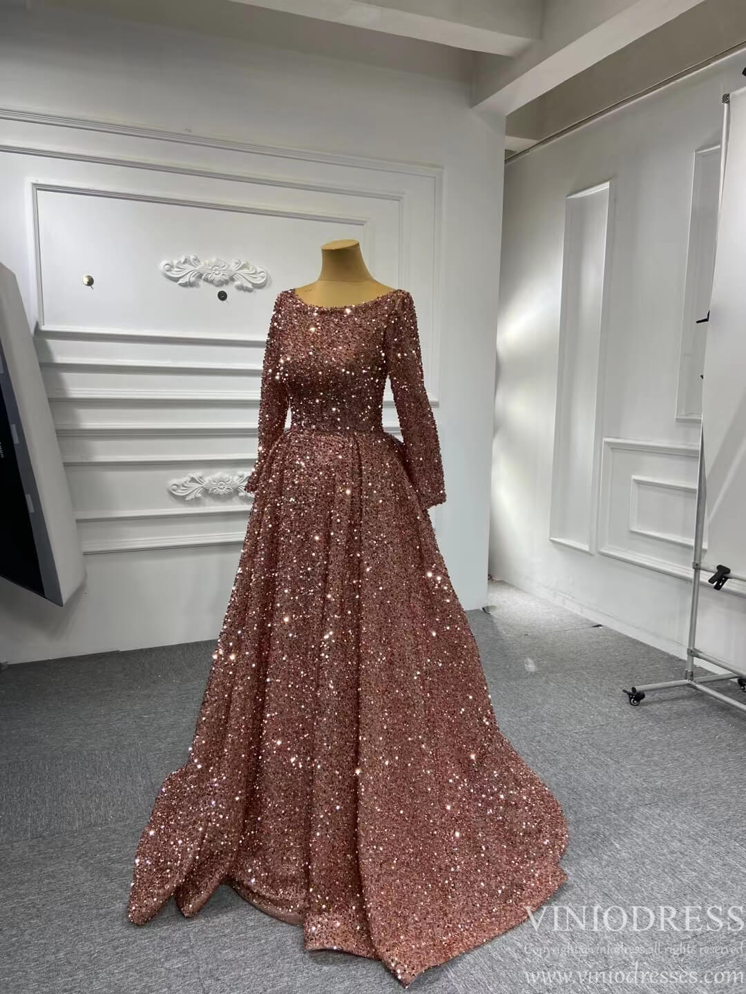 Rose Gold Sequin Pageant Dresses Long Sleeve Formal Gown Corset Back Boat Neck 67124 Viniodress-prom dresses 2025 -Viniodress-Rose Gold-Custom Size-