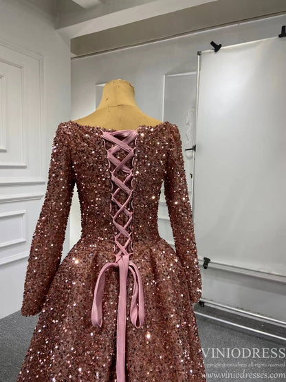 Rose Gold Sequin Pageant Dresses Long Sleeve Formal Gown Corset Back Boat Neck 67124 Viniodress-prom dresses 2025 -Viniodress-Rose Gold-Custom Size-
