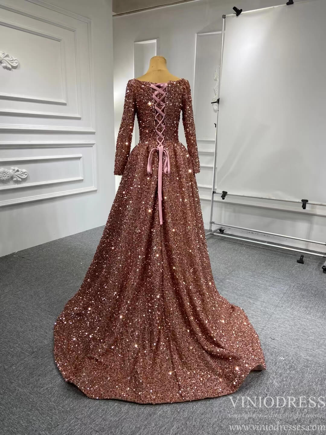Rose Gold Sequin Pageant Dresses Long Sleeve Formal Gown Corset Back Boat Neck 67124 Viniodress-prom dresses 2025 -Viniodress-Rose Gold-Custom Size-