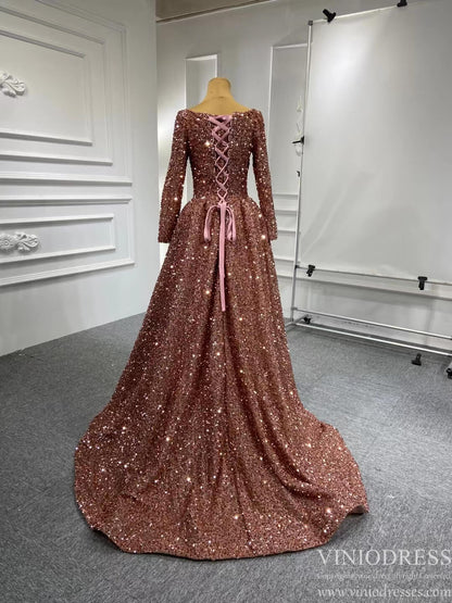 Rose Gold Sequin Pageant Dresses Long Sleeve Formal Gown Corset Back Boat Neck 67124 Viniodress-prom dresses 2025 -Viniodress-Rose Gold-Custom Size-