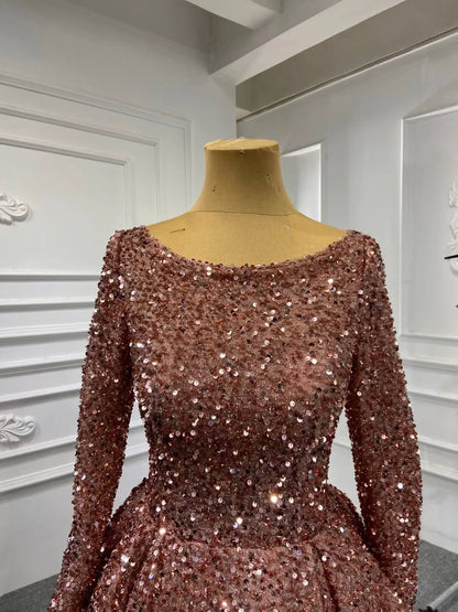 Rose Gold Sequin Pageant Dresses Long Sleeve Formal Gown Corset Back Boat Neck 67124 Viniodress-prom dresses 2025 -Viniodress-Rose Gold-Custom Size-