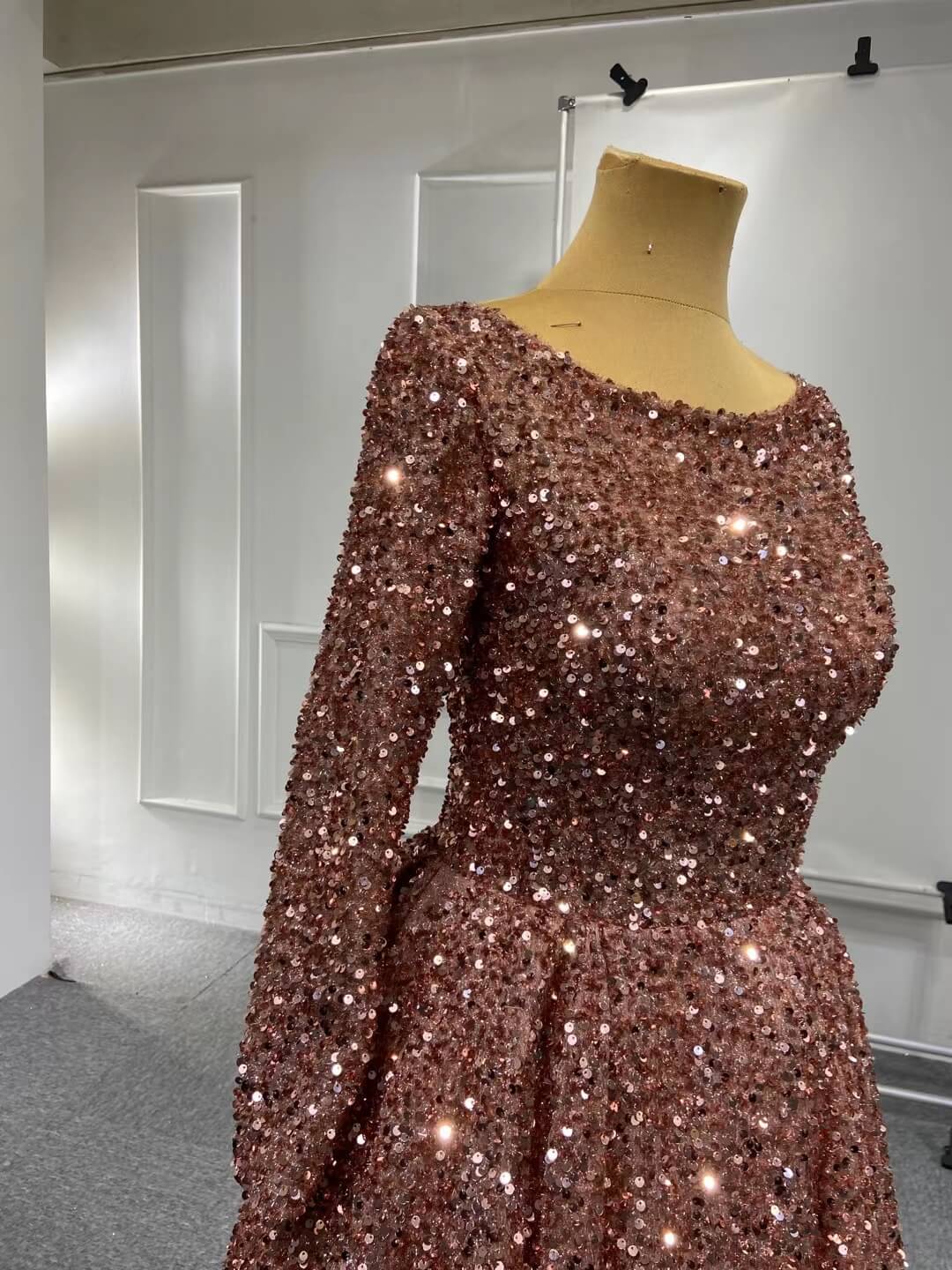 Rose Gold Sequin Pageant Dresses Long Sleeve Formal Gown Corset Back Boat Neck 67124 Viniodress-prom dresses 2025 -Viniodress-Rose Gold-Custom Size-