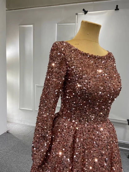 Rose Gold Sequin Pageant Dresses Long Sleeve Formal Gown Corset Back Boat Neck 67124 Viniodress-prom dresses 2025 -Viniodress-Rose Gold-Custom Size-
