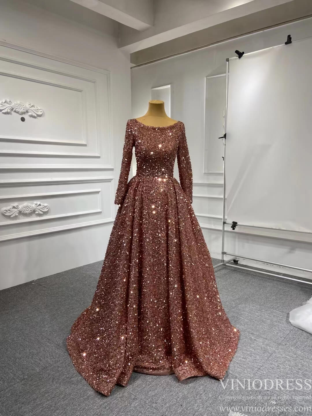 Rose Gold Sequin Pageant Dresses Long Sleeve Formal Gown Corset Back Boat Neck 67124 Viniodress-prom dresses 2025 -Viniodress-Rose Gold-Custom Size-