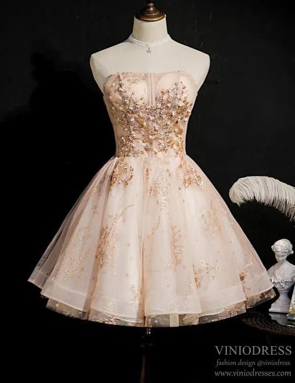 Rose Gold Strapless Homecoming Dresses Sparkly Hoco Dress SD1384-Homecoming Dresses 2025 -VINIODRESS-US2-Champagne-