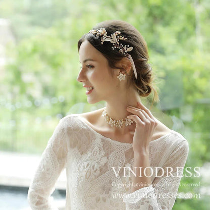 Rose Pearl and Leaf Bridal Headband AC1055-Headpieces 2025 -Viniodress-Rose Gold-