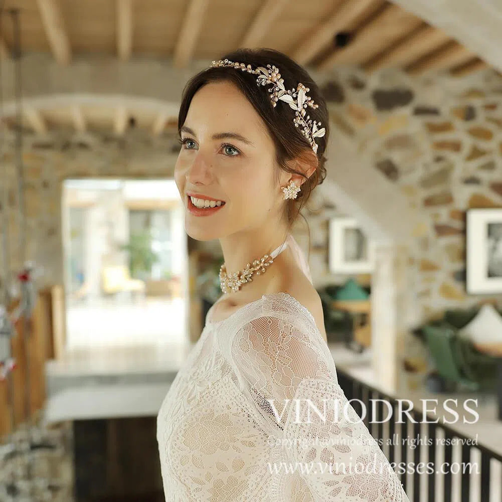 Rose Pearl and Leaf Bridal Headband AC1055-Headpieces-Viniodress-Rose Gold-Viniodress