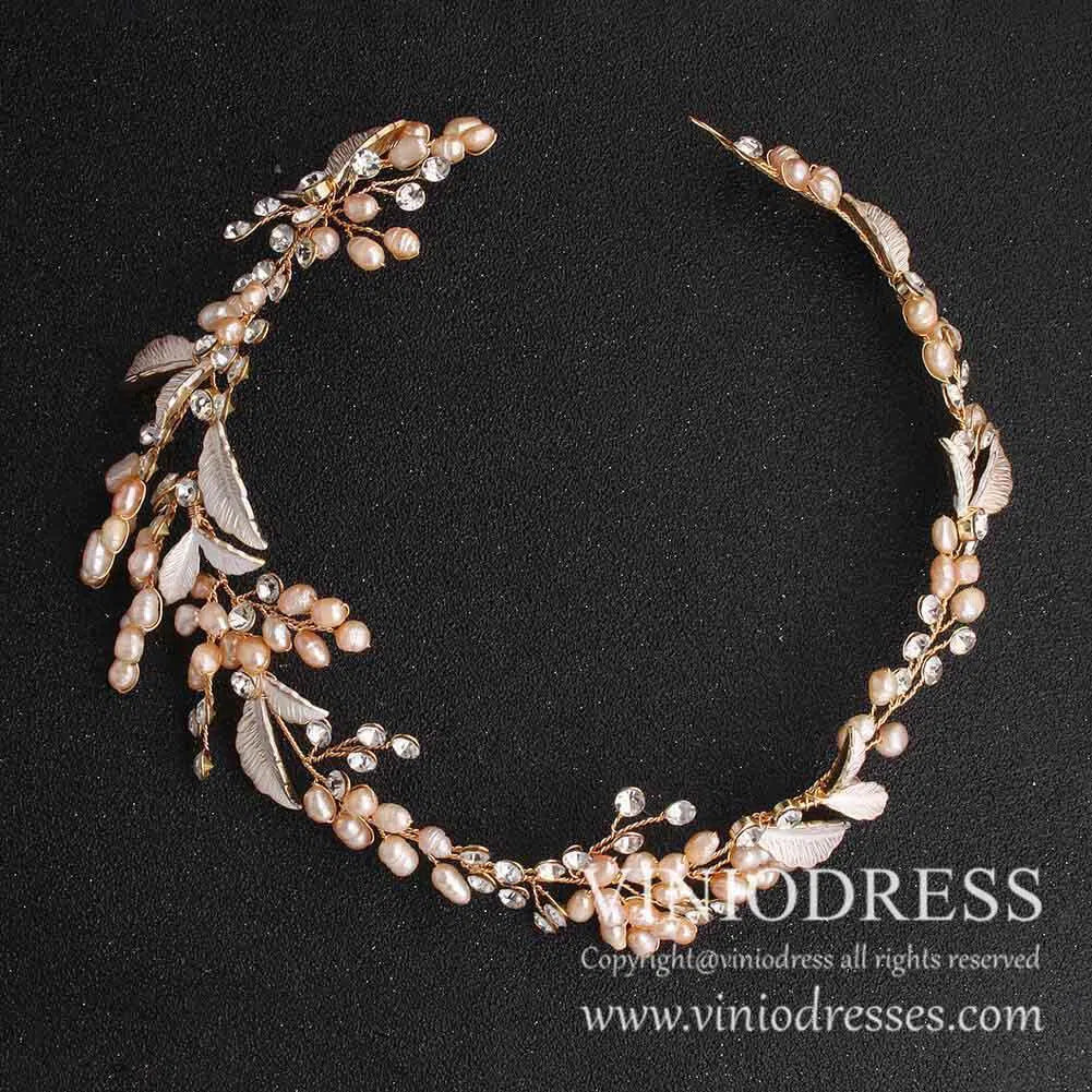 Rose Pearl and Leaf Bridal Headband AC1055-Headpieces-Viniodress-Rose Gold-Viniodress