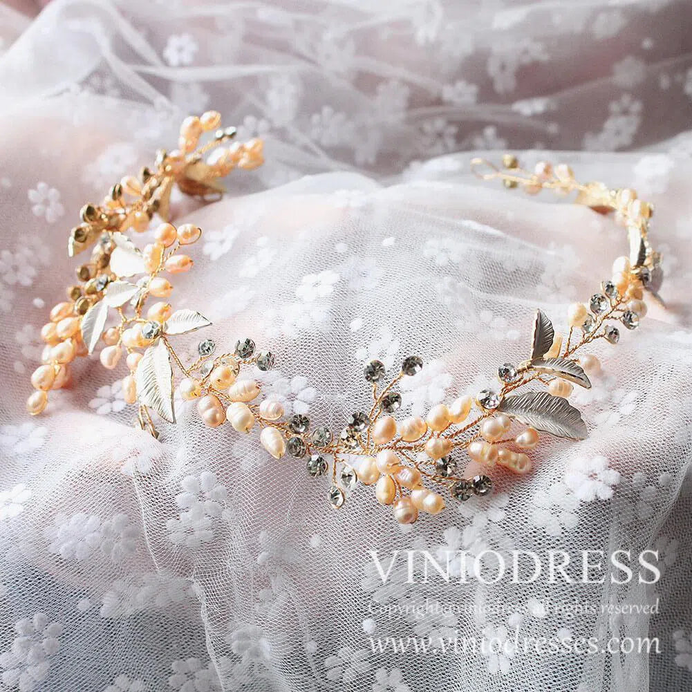 Rose Pearl and Leaf Bridal Headband AC1055-Headpieces-Viniodress-Rose Gold-Viniodress