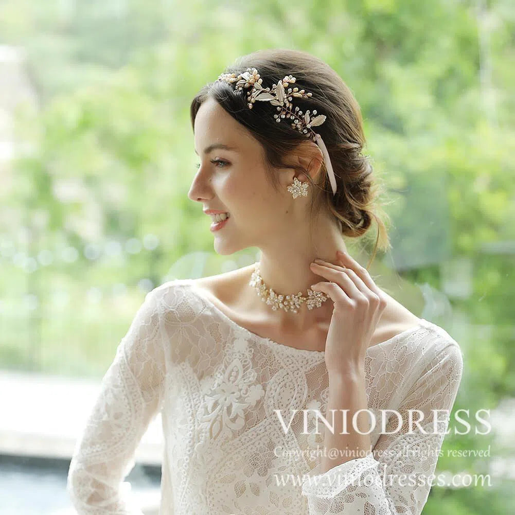 Rose Pearl and Leaf Bridal Headband AC1055-Headpieces-Viniodress-Rose Gold-Viniodress